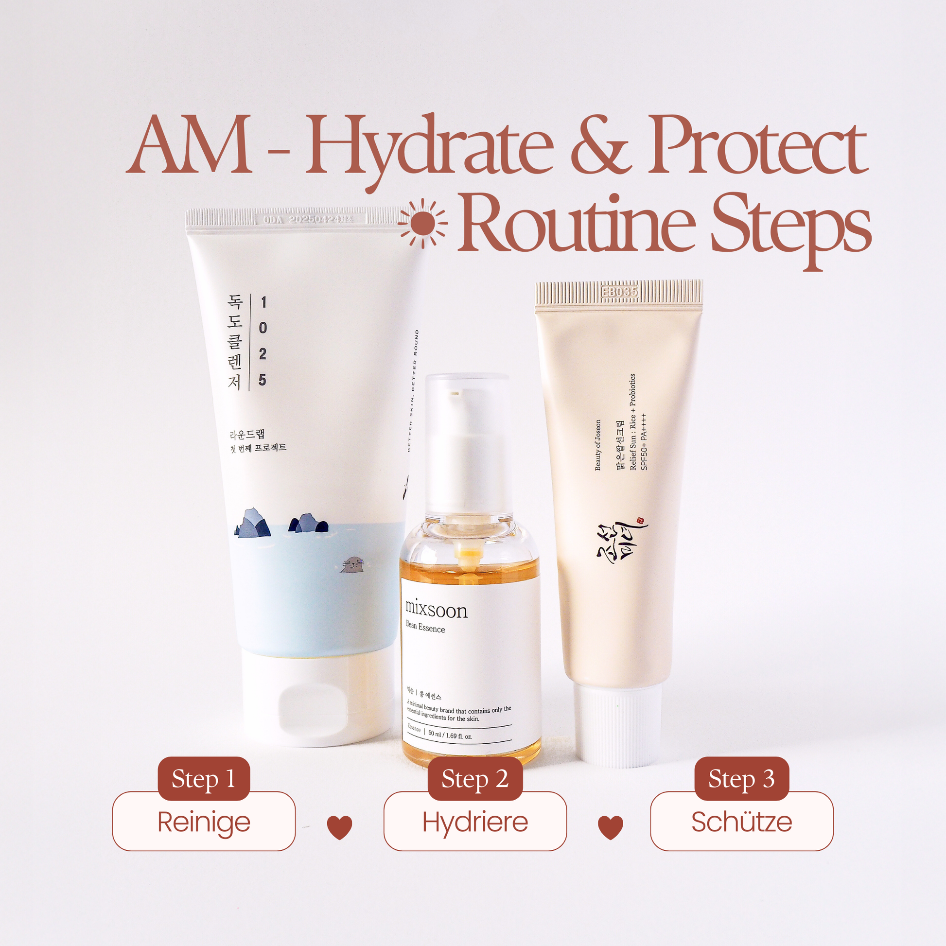 Die Schritte von der AM Routine - Reinigen, Hydrieren, Schützen anhand von dem Cleanser, Essenz und Sonnencreme sichtbar sind. Die drei Produkte stehen in der Mitte des Bildes. 