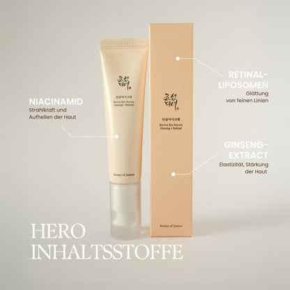 Augenserum mit Ginseng‑ und Retinal‑Extrakt für elastizitätsfördernde Pflege um die Augen