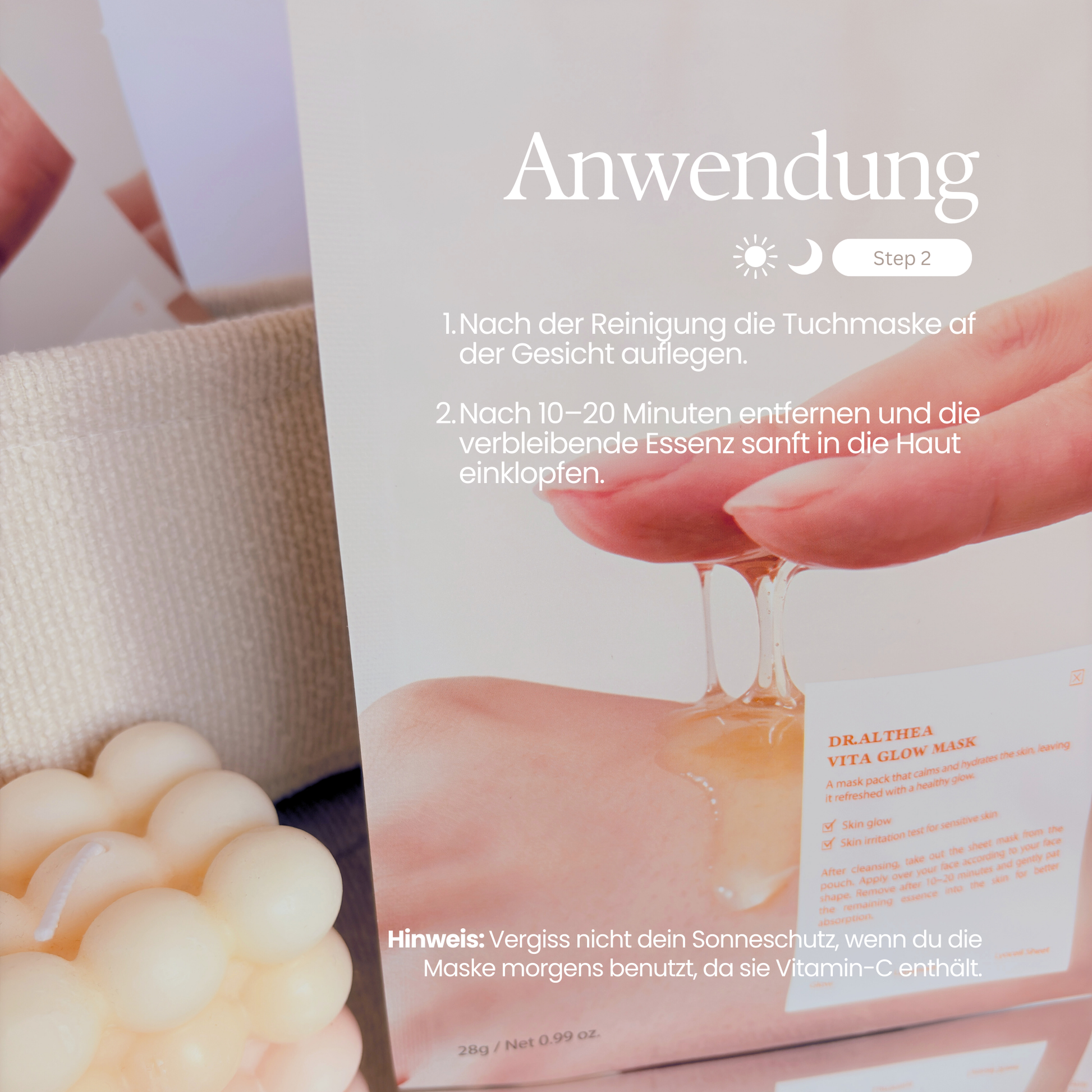 Erklärung der Schritte wie die Vita Glow Maske nach dem Auspacken und Gesichtsreinigung benutzt wird 