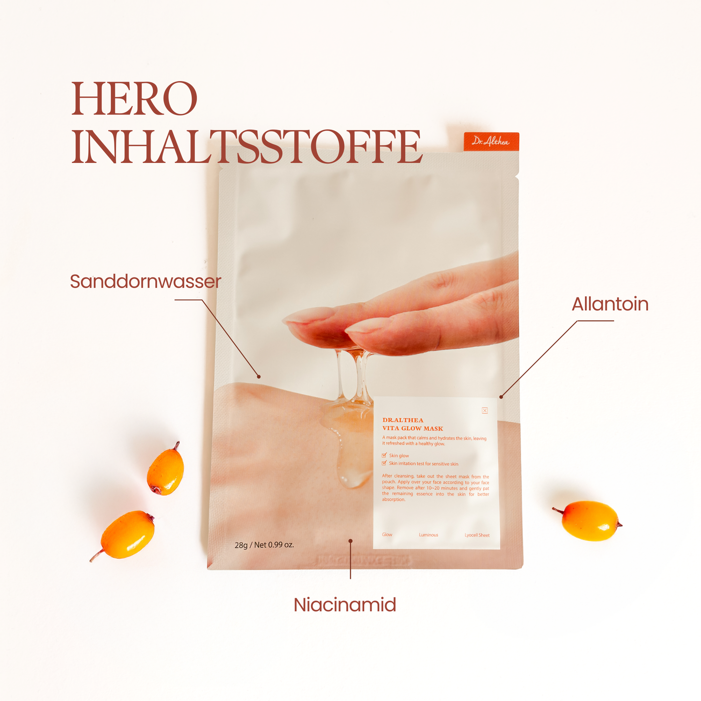 Sheet Mask mit Vitamin‑C‑reichen Pflanzenextrakten und Niacinamid zur Pflege, Aufhellung und Stärkung der Haut