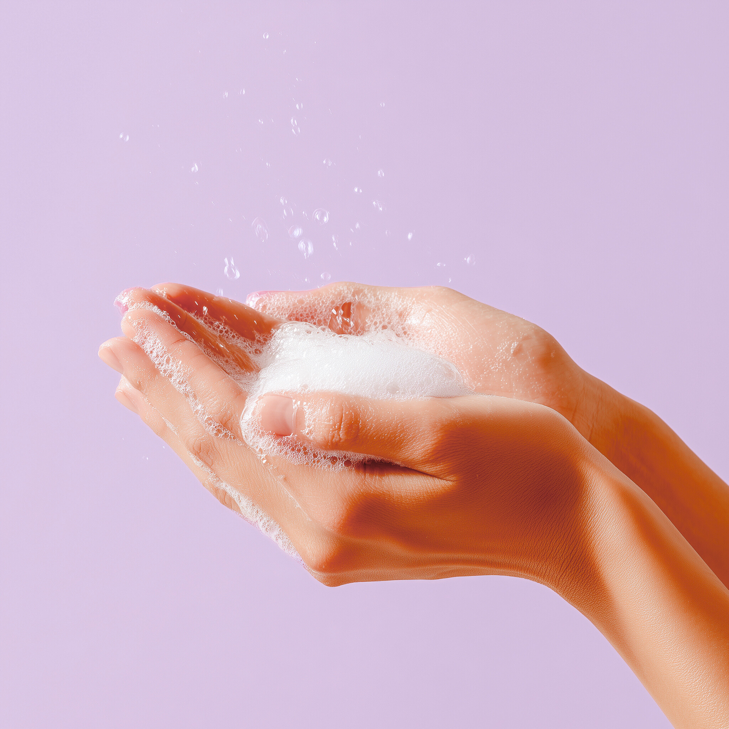 KI erstelles Bild für Hände, die den Schaum halten auf pinken Hintergrund