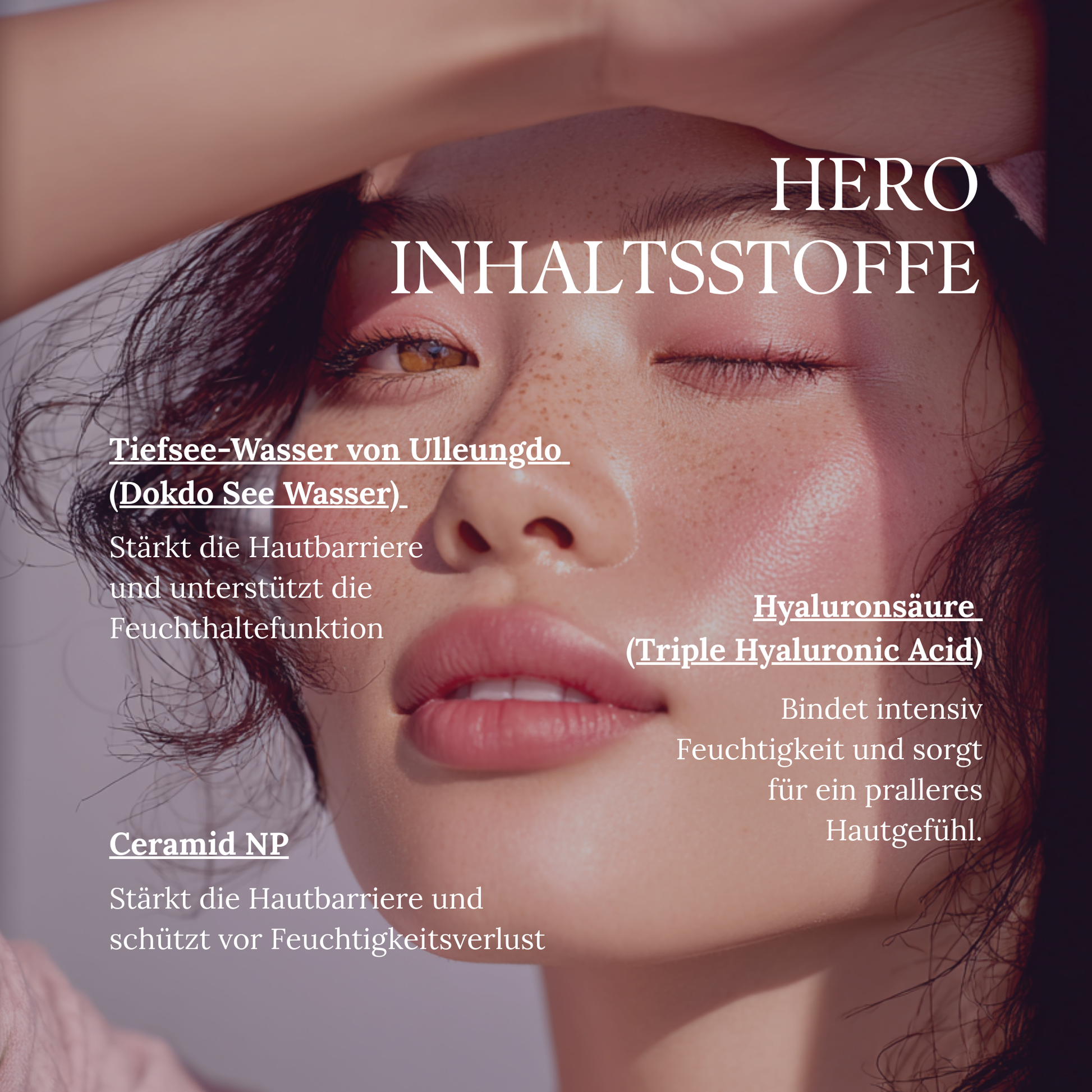 Ein KI-generiertes Bild von einer Frau, die in der Sonne steht, mit einer Hand übers Gesicht um als Hintergrund zu sein für die Inhaltsstoffe der 1025 Dokdo Cleanser von der koreanisichen Marke Round Lab